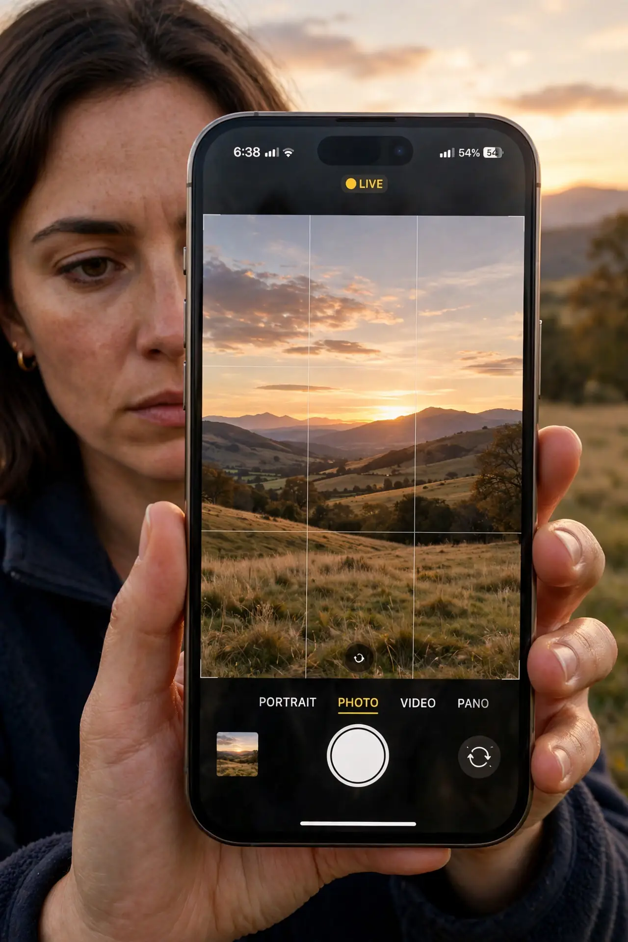 A person holding a real iPhone taking a photo with the camera grid lines overlay fully legible over a landscape scene, the person's face concentrated, outdoors at sunset.