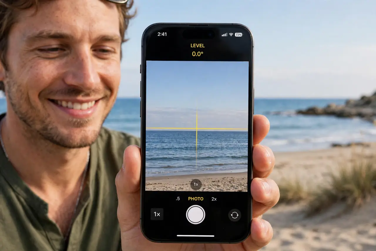 A person holding a real iPhone photographing a seascape with the level crosshair turned yellow over a straight horizon fully legible, the person's face satisfied, at the beach.