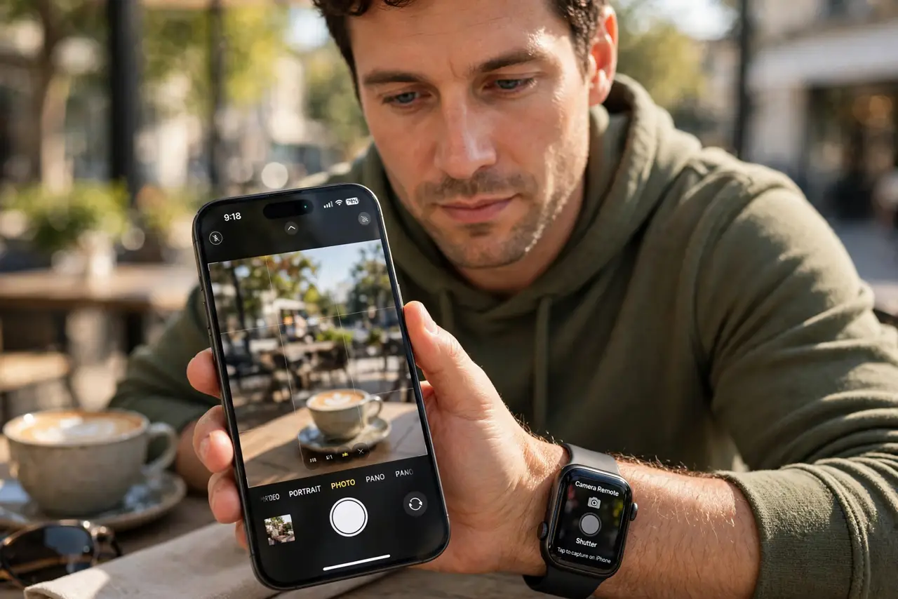 A person calmly performing the guide's first step: Open Camera Remote on the watch.