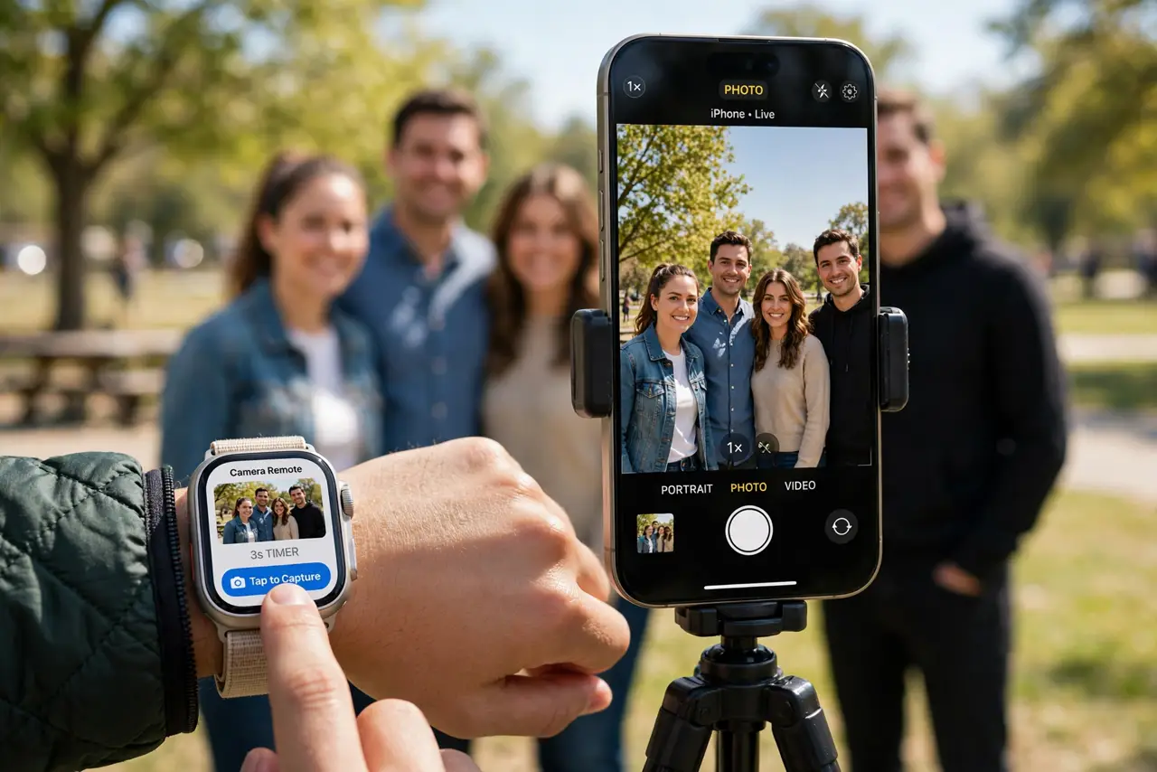 a person tapping the Camera Remote on a real Apple Watch while a real iPhone on a tripod frames a group, the watch screen legible, bright outdoor setting. No black screen, no blank.