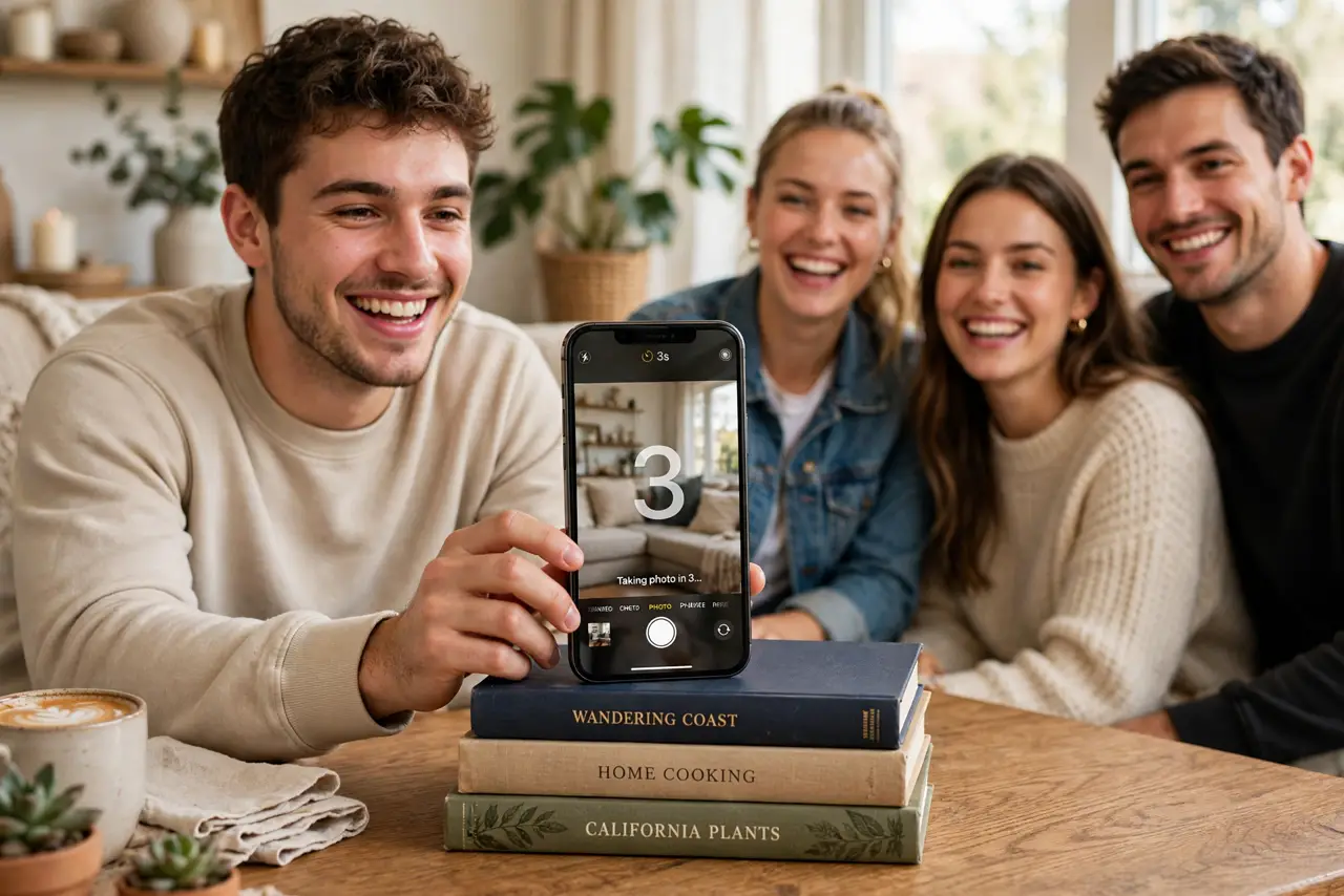 A person propping a real iPhone against books on a table, the camera screen showing a legible 3-second timer countdown, a group of friends posing behind, the…