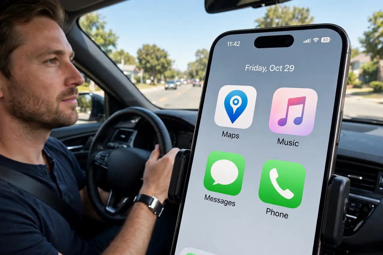 a person driving a car, the dashboard showing a clean CarPlay home screen with a few large legible app icons, the road visible through the windshield, the driver's face calm, daytime.