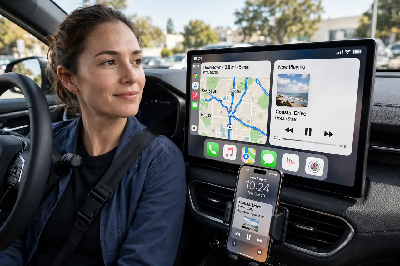 A person sitting in a real car driver's seat looking at the car's dashboard display showing CarPlay with maps and music legible, the person's face relaxed and…
