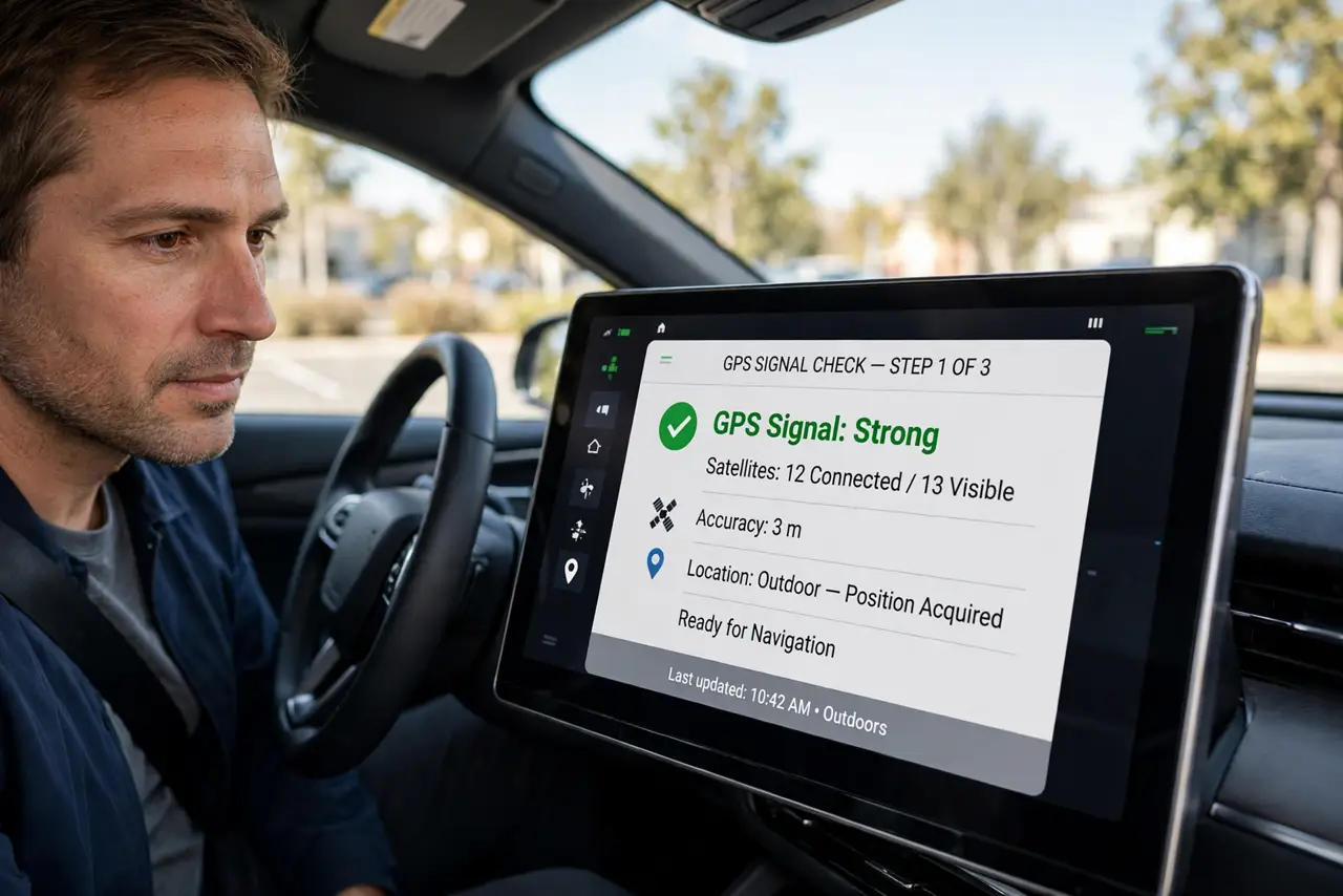 Person performing step 1: Check GPS signal outdoors. Drive or park where GPS has a clear sky view. Maps freezes when GPS is weak, especially in garages, tunnels,...