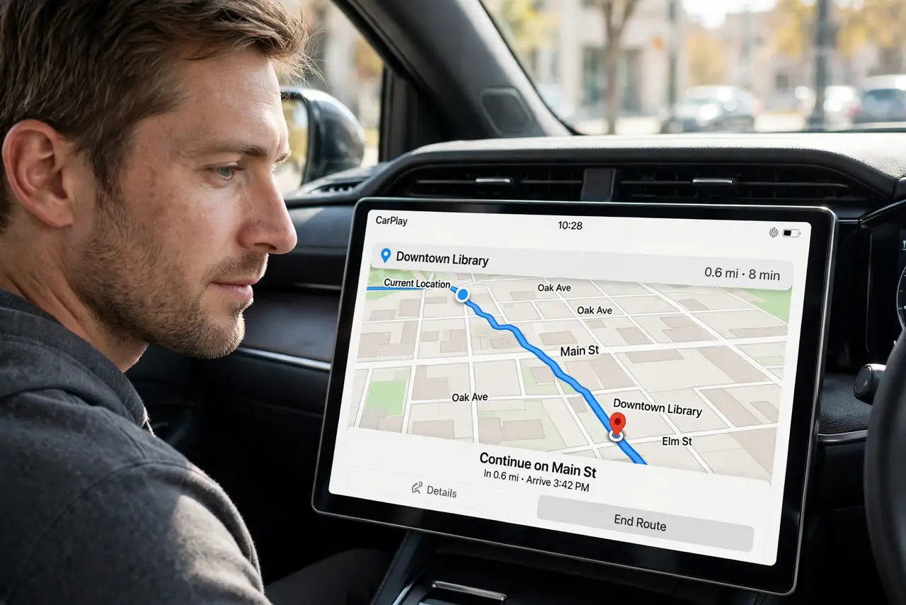 Photorealistic photo: A calm adult in a parked car, the real car display showing CarPlay Maps with a route and location pin legible.