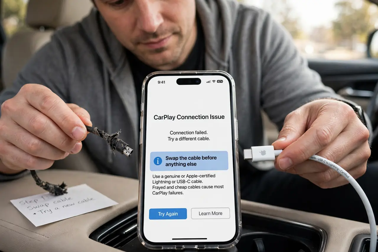 A person performing the first step of the guide: Swap the cable before anything else. Use a genuine or Apple-certified Lightning or USB-C cable, and try a.