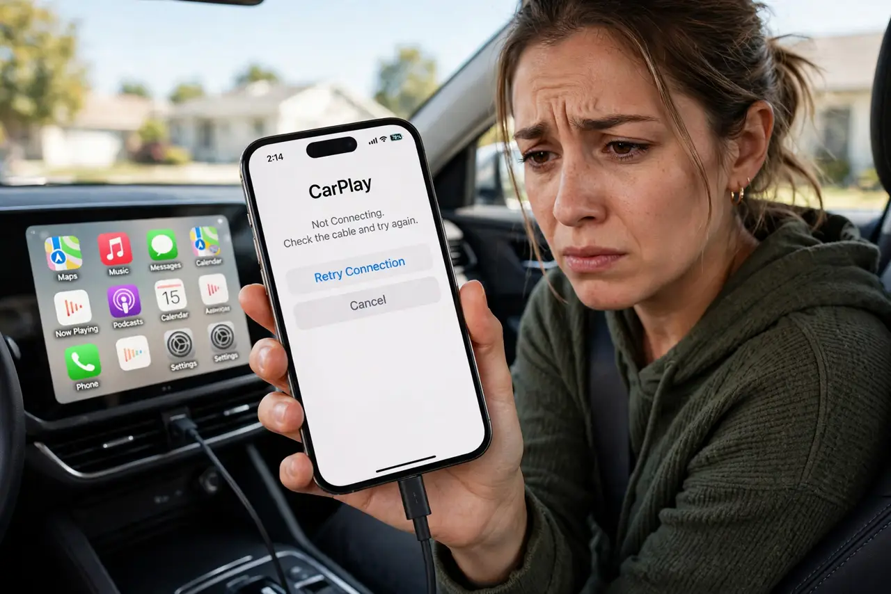 A person sitting in a car driver's seat holding a real iPhone connected by cable to a real car dashboard screen showing the CarPlay home screen with.
