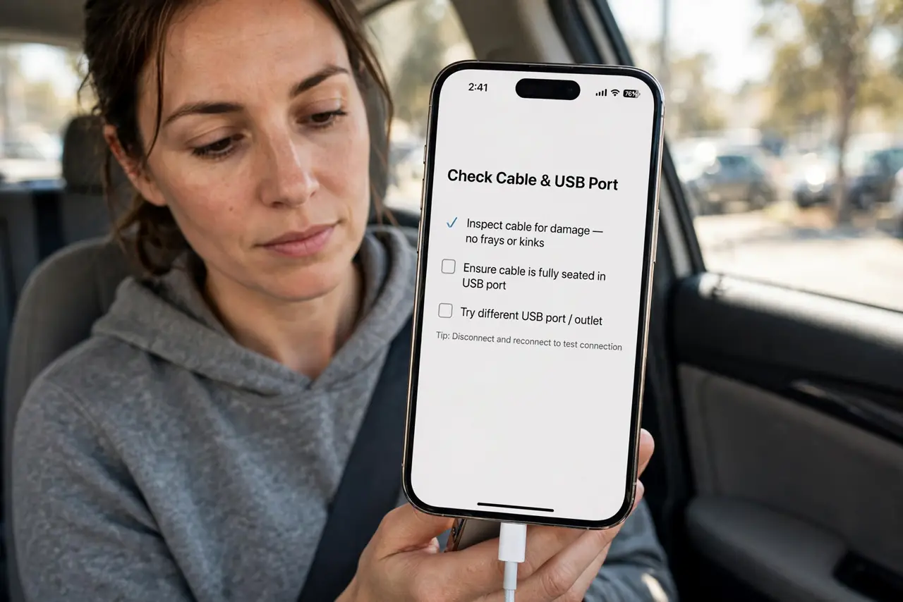 Person performing step 1: Check the cable and USB port. Use a genuine or certified cable and the car's CarPlay USB port, not just any port. A charge-only cable or...