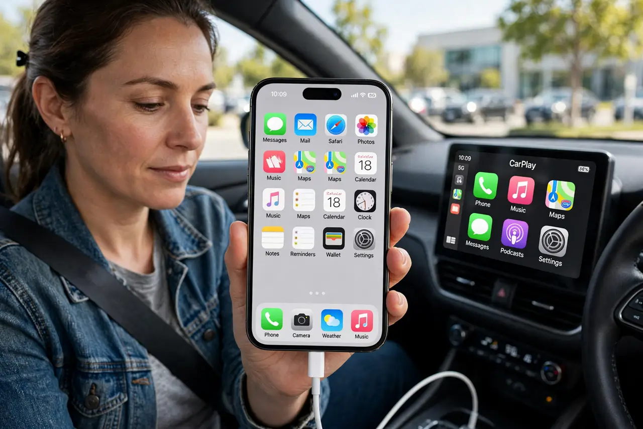 Photorealistic photo: A calm adult in a car holding an iPhone connected by cable, the real car display showing the CarPlay home screen with app icons legible.