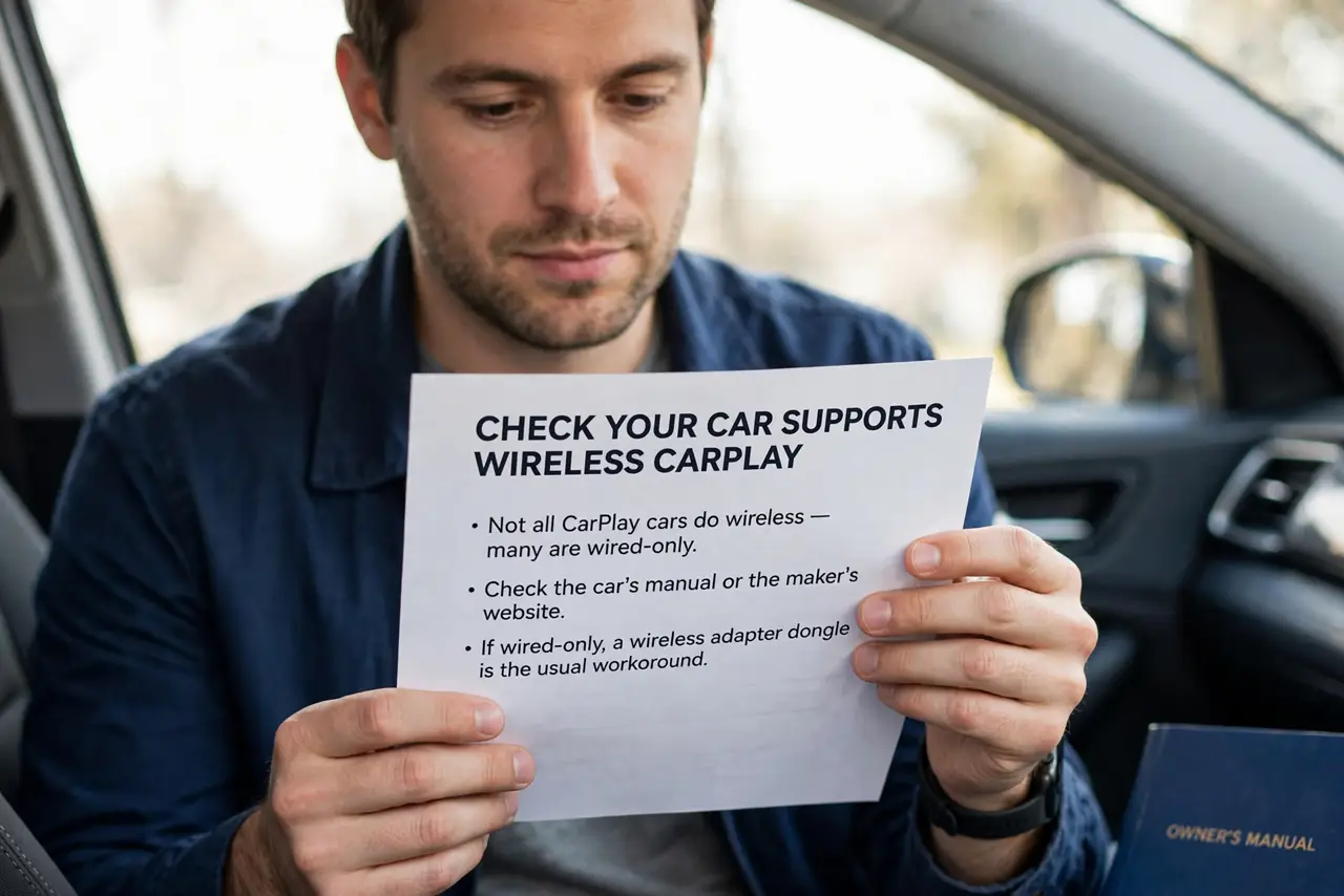 A person performing the first step of the guide: Check your car supports wireless CarPlay.