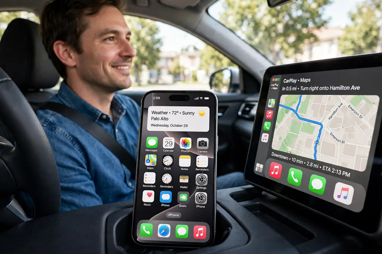 a person sitting in a car driver seat, the car dashboard showing wireless CarPlay with legible maps, an iPhone resting in a cup holder unplugged, the person's face pleased, daytime.