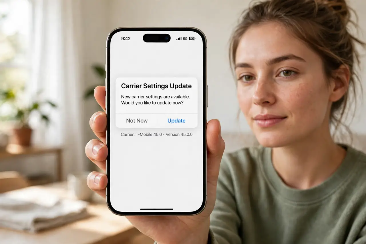 A person holding a real iPhone showing the legible Carrier Settings Update prompt on screen, the person's face calm, home.