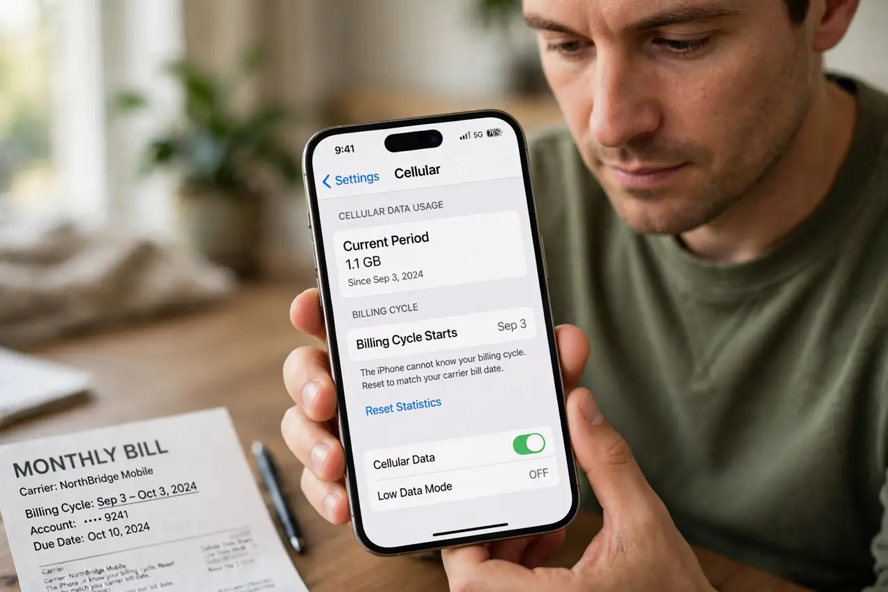 Cellular Data Stats Reset at the Wrong Date — step 1 being performed on the device.