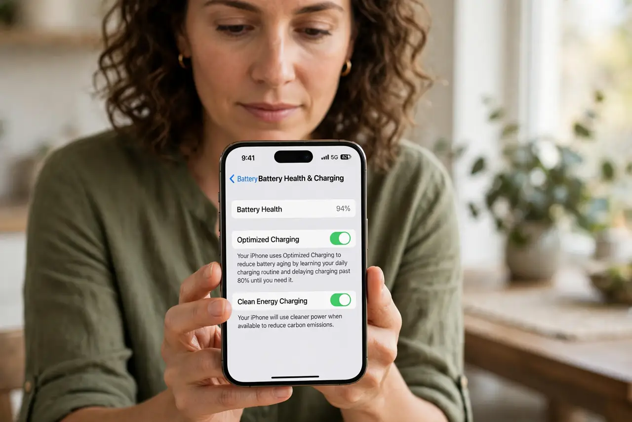 Step 1 in action for iPhone Only Charges to 80%: Check for the optimized charging notice.