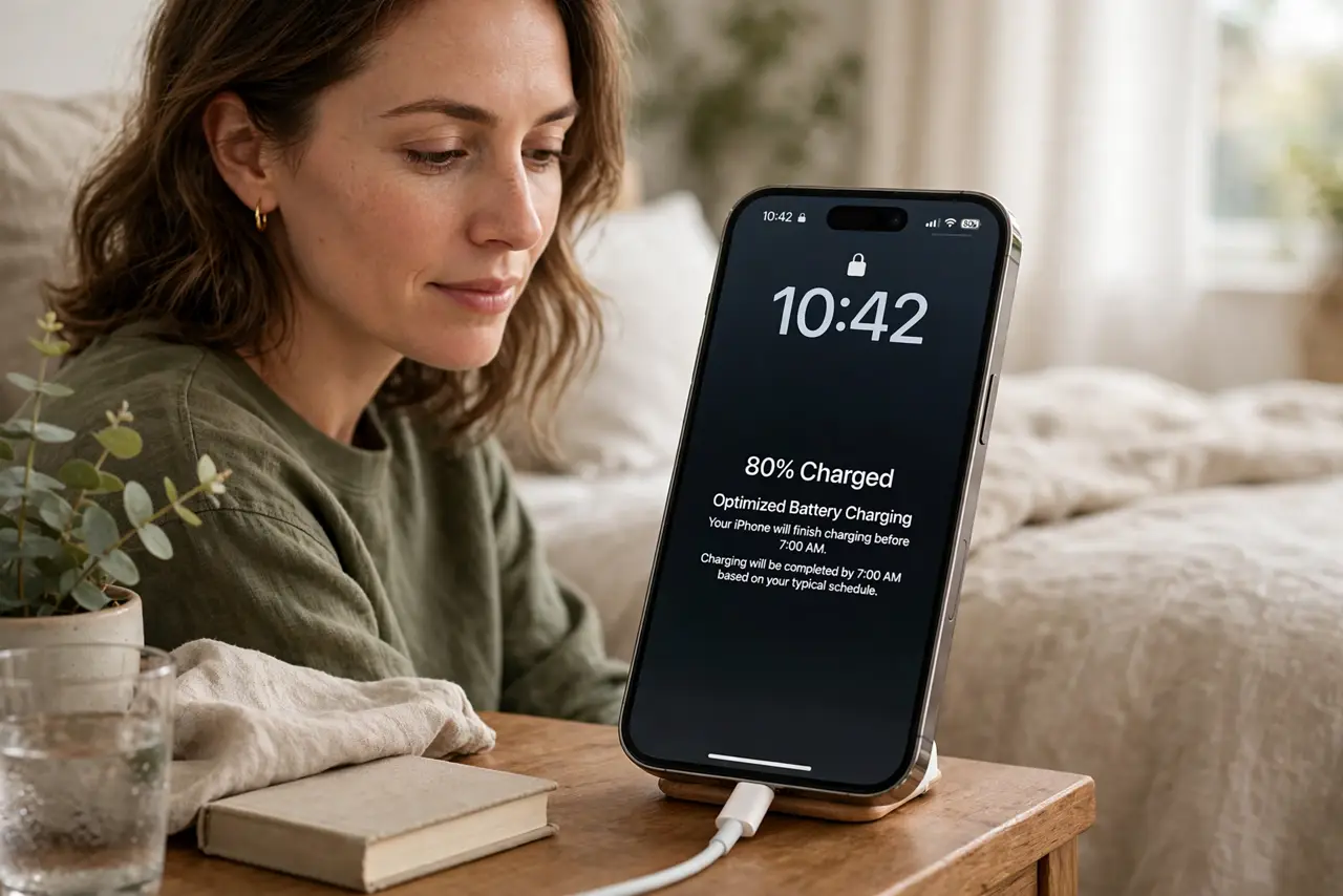 iPhone Only Charges to 80% — a calm adult looking at a real iPhone on a charger showing the battery at 80 percent with the 'Optimized batte