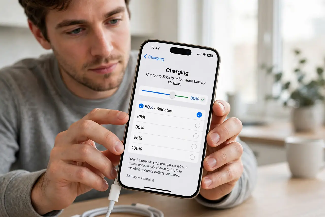 a person holding a real iPhone showing the charging limit screen with the 80 percent option legible, charger cable nearby, the person's face thoughtful, bright room.
