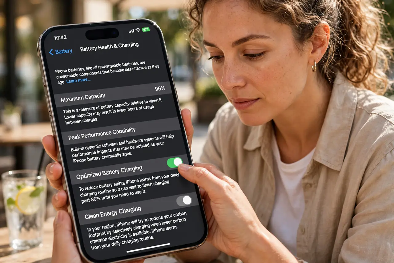 A person performing the first step of the guide: Turn on optimized charging.