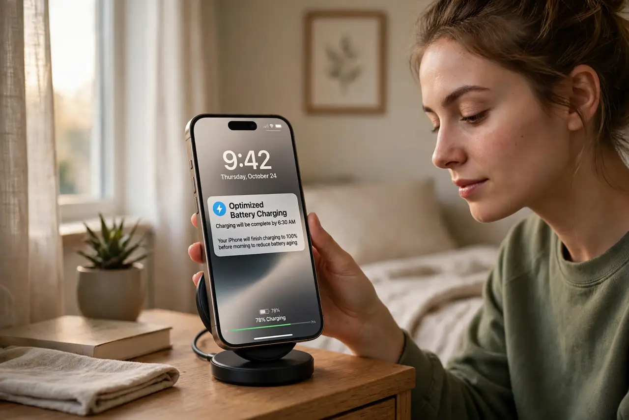 a person placing a real iPhone on a nightstand charger in the evening, the screen showing a legible optimized charging notification, the person's face calm, bedroom with soft light.