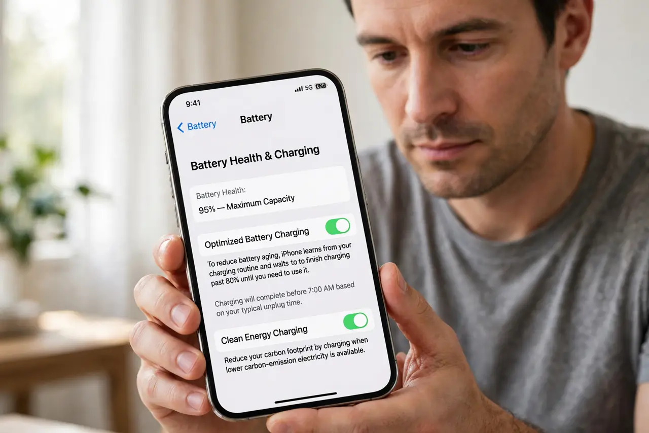Person performing step 1: Understand Optimized Battery Charging. Open Settings, then Battery, then Battery Health and Charging. If Optimized Battery Charging is...