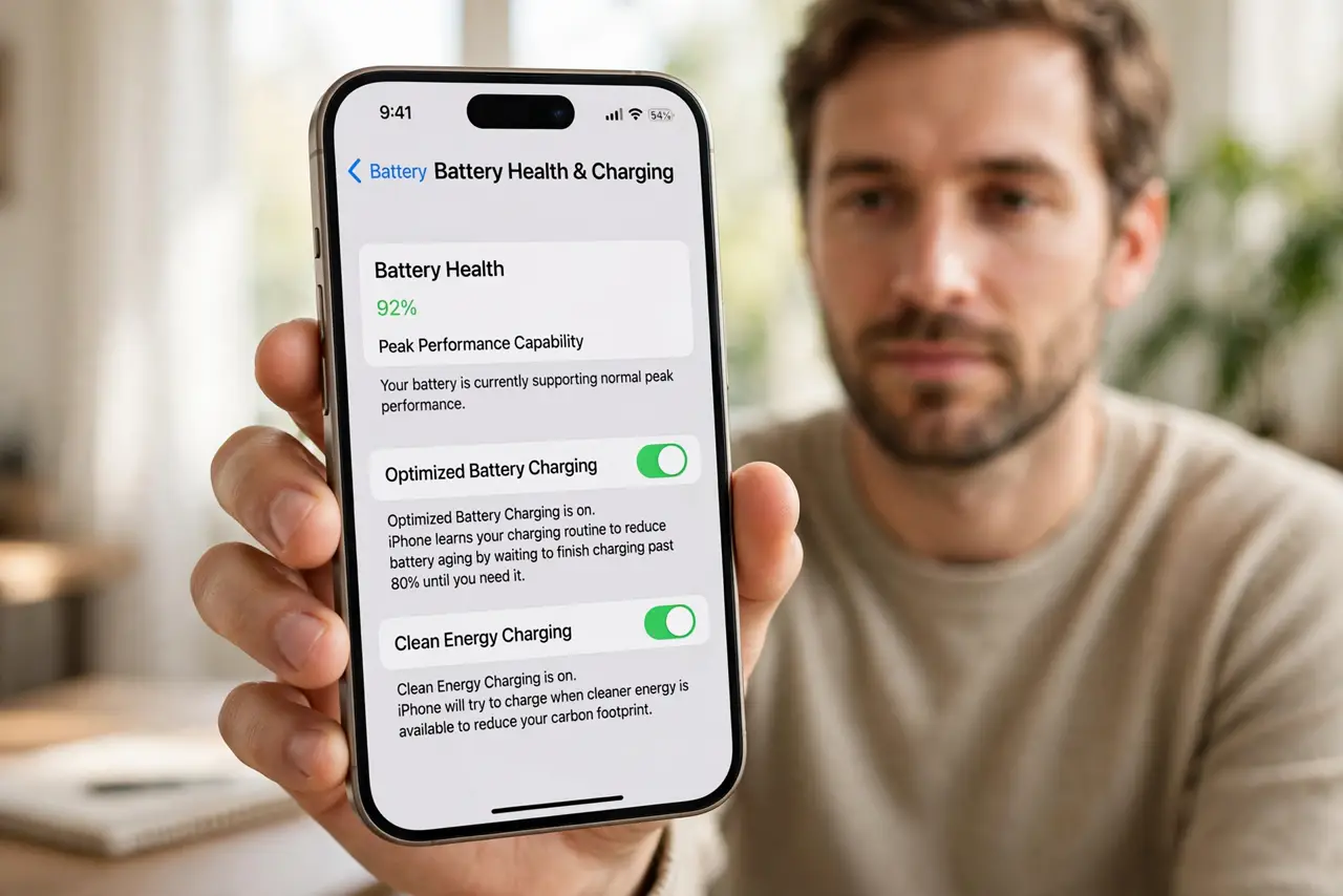 Photorealistic photo: A calm adult holding an iPhone toward the viewer, the real iPhone screen showing Settings, Battery, Battery Health and Charging, with Optimized Battery Charging legible.