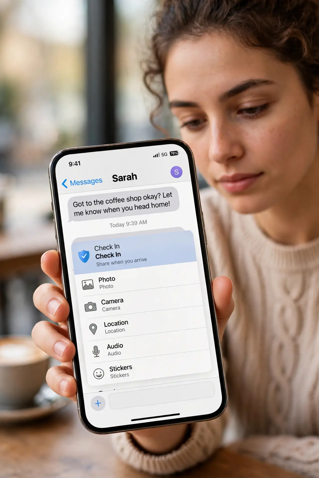 A person performing step 1: Start a Check In from Messages.