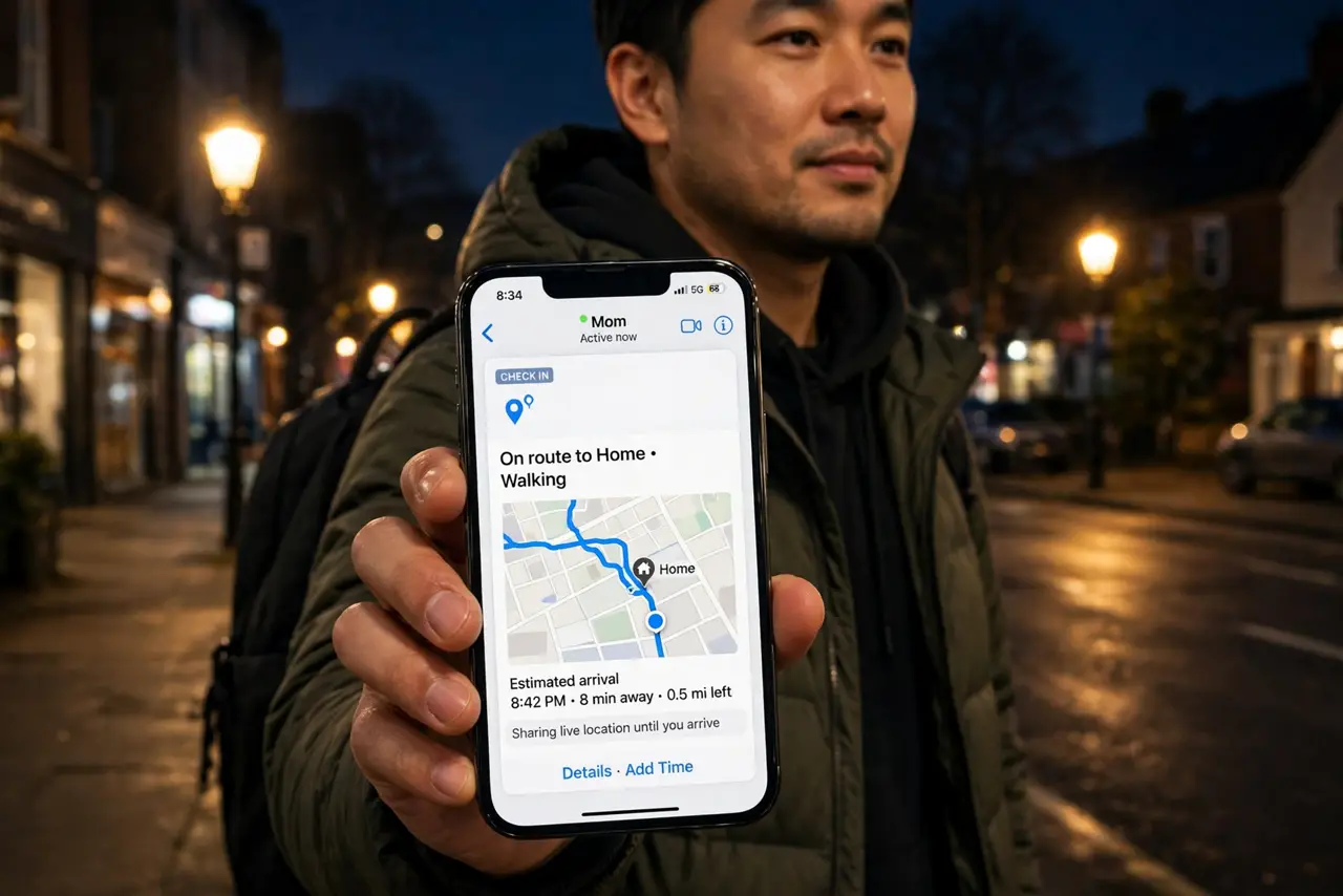 A person walking home at night sharing their trip with Check In on a real iPhone, the map and arrival estimate fully legible, streetlights glowing, the person's face calm.