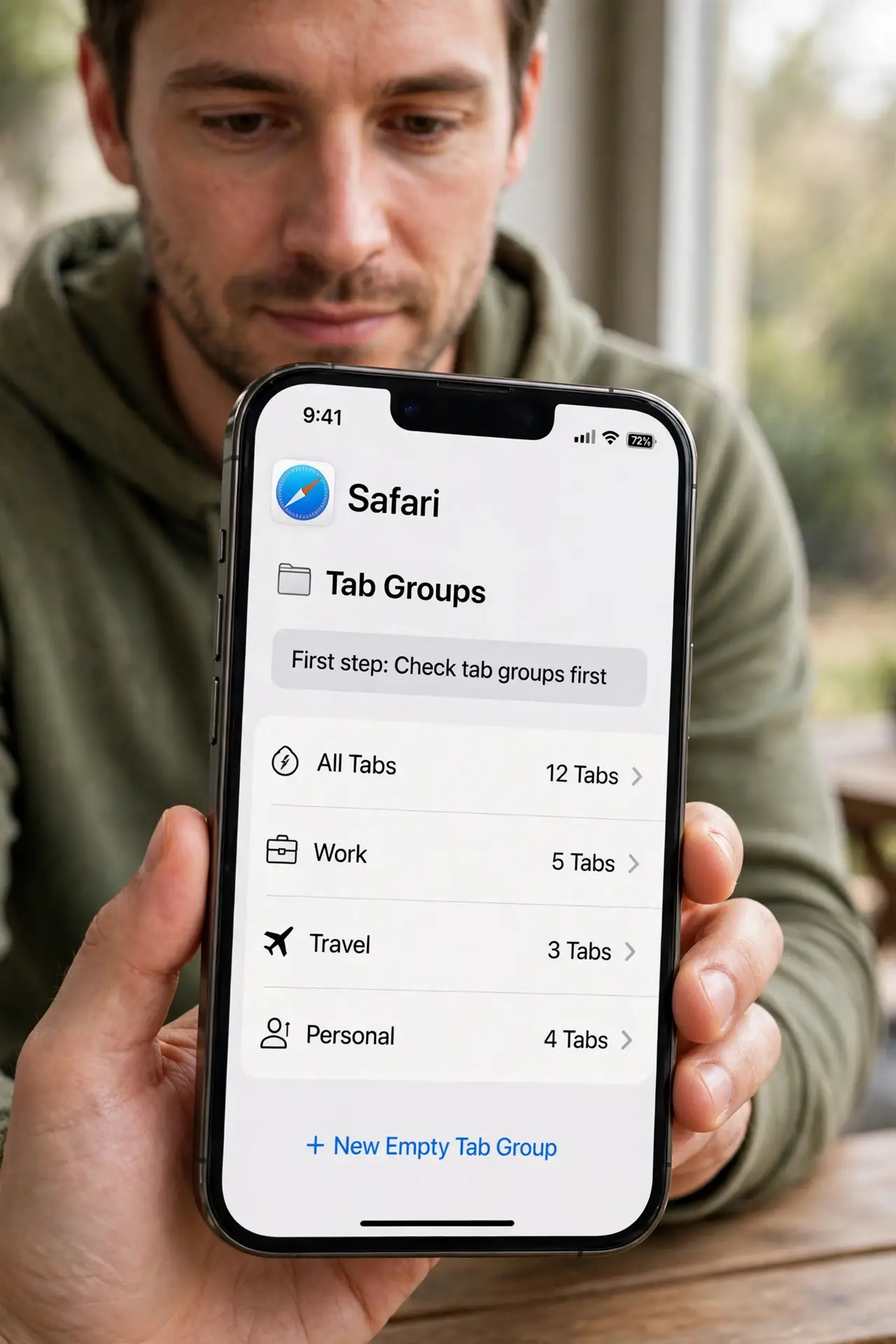 Person performing step 1: Check tab groups first. Open Chrome, tap the tab switcher, and check tab groups. An update can move tabs into a group, making them look...