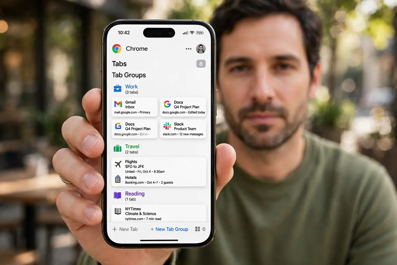 Photorealistic photo: A calm adult holding an iPhone toward the viewer, the real iPhone screen showing the Chrome app with the tab grid and tab groups legible.