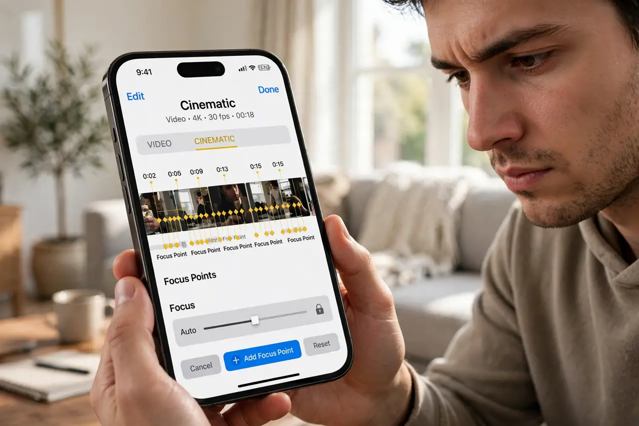 A person editing a Cinematic mode video on a real iPhone with focus points on the timeline fully legible, the person's face concentrated, in a living room.