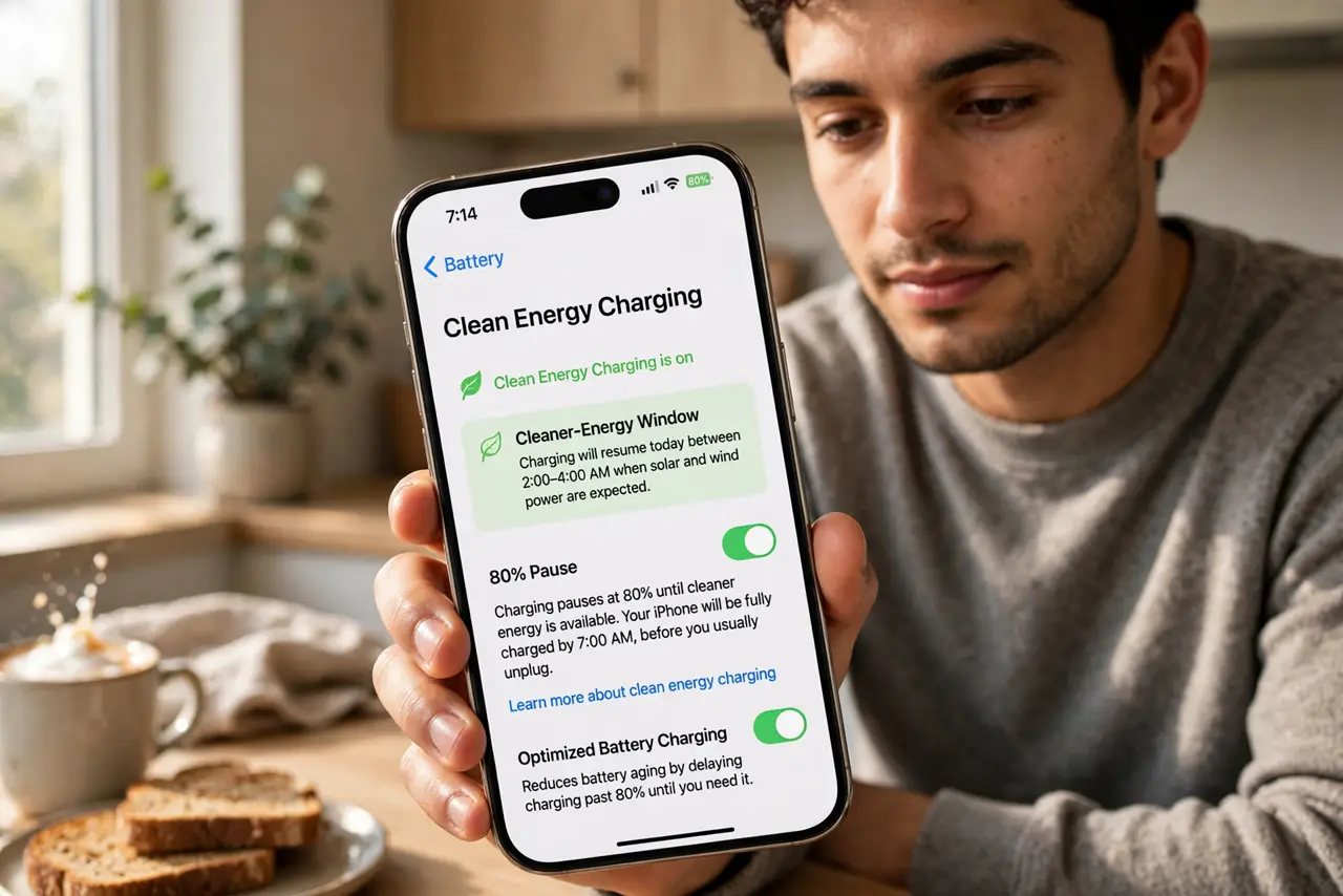 Photoreal photo of a person performing the first step: Understand what the feature does. When enabled, your iPhone charges to 80%, pauses, and wait...