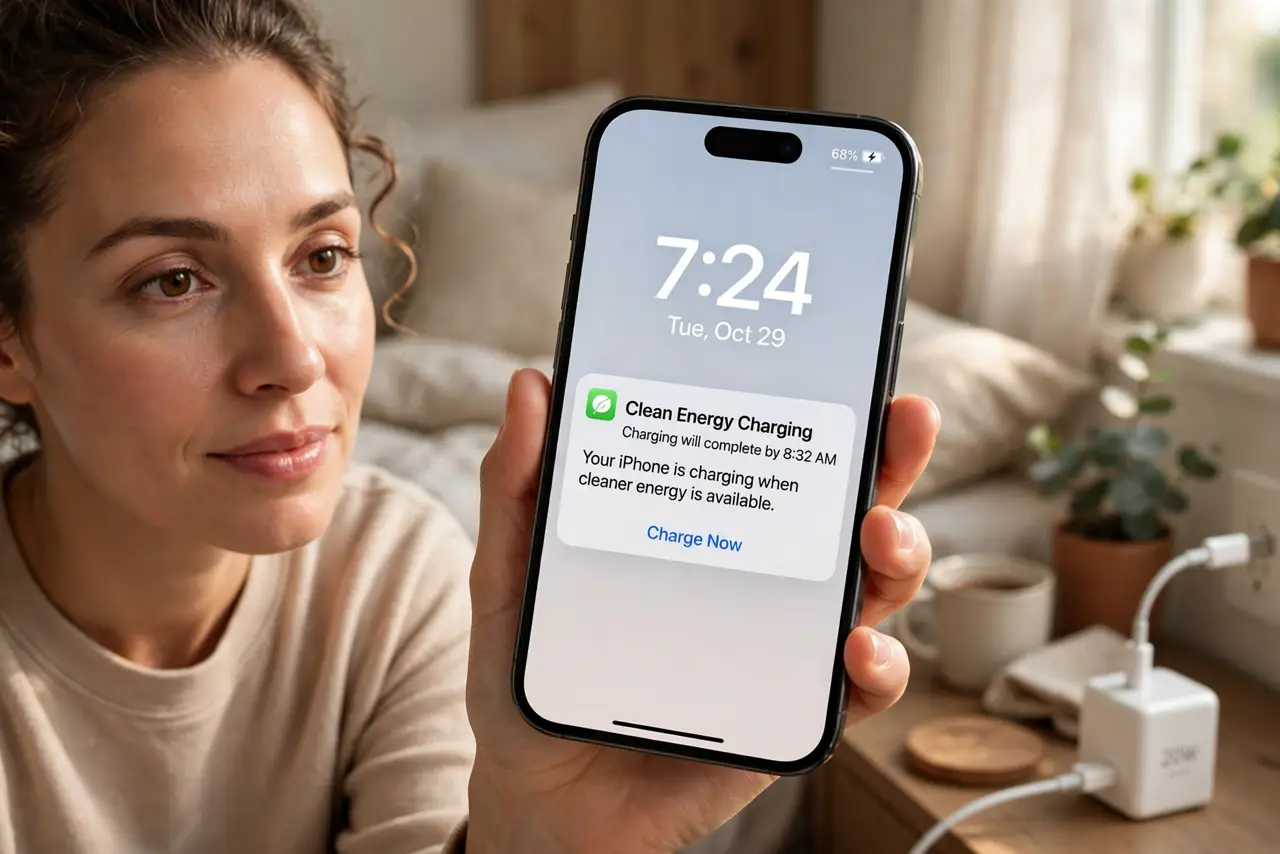 Photoreal photo: a person holding a real iPhone in the morning showing a clean energy charging notification with legible text on the lock screen, bedside table with charger, the person's face curious, soft morning ...