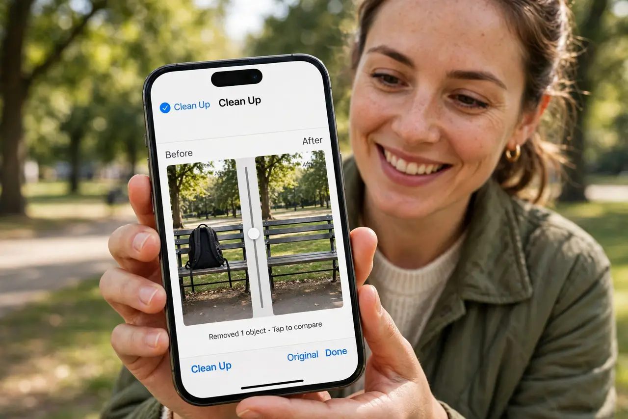 a person holding a real iPhone showing the Photos Clean Up tool removing an object with a legible interface, before and after visible, the person's face deli...