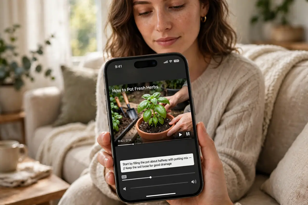a person watching a video on a real iPhone with clear captions legible over the scene, the person's face relaxed, cozy couch.
