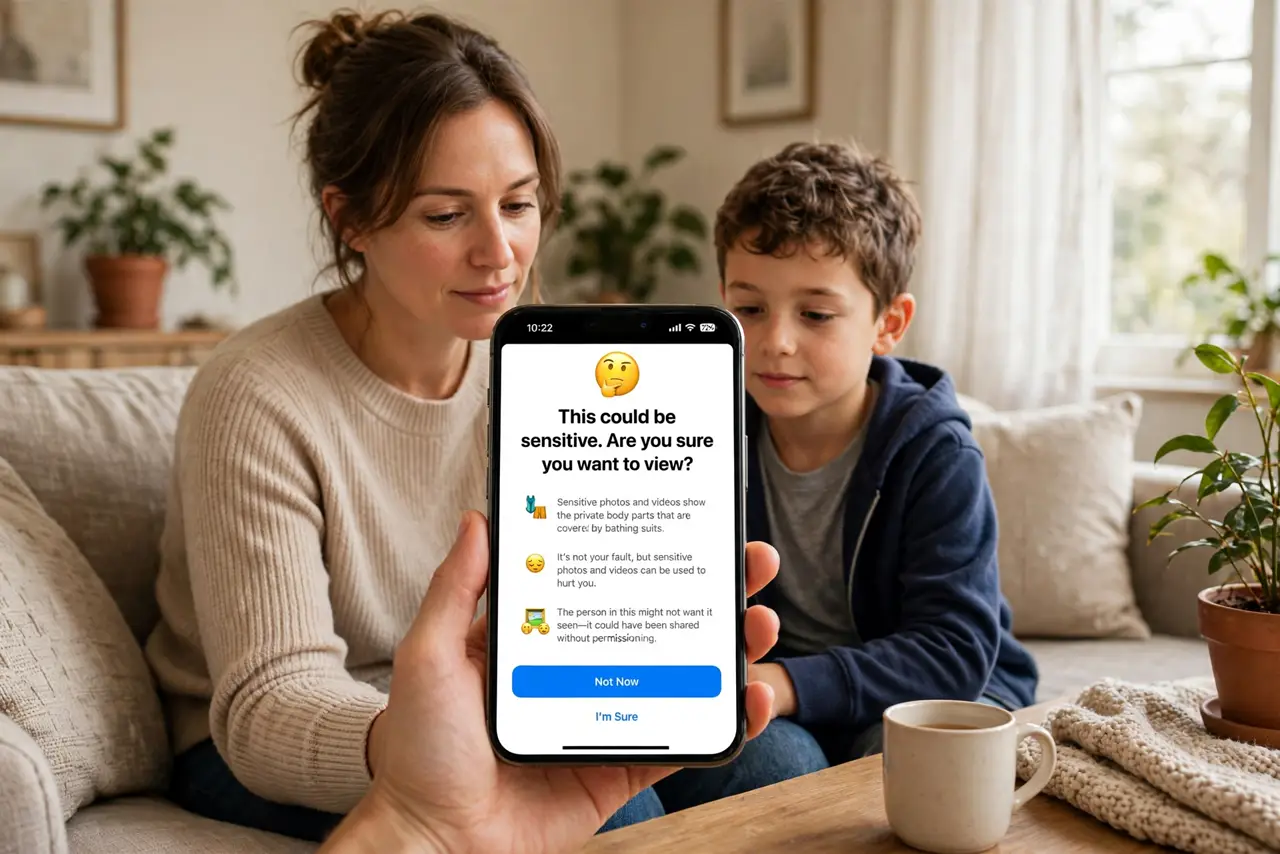 A parent and child sitting together looking at a real iPhone, the screen showing a legible blurred-image warning screen, both calm, warm living room, daylight.
