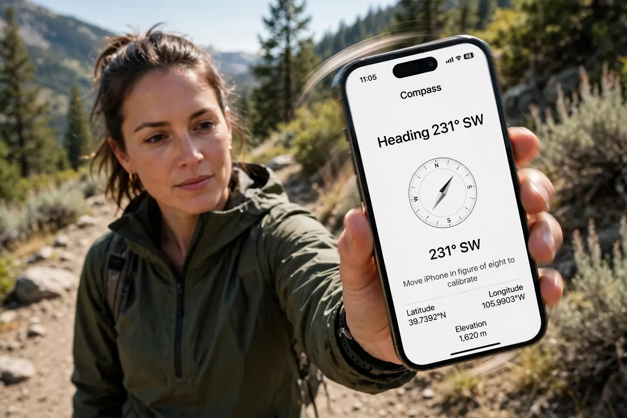 a person holding a real iPhone showing the Compass app with a legible heading reading, waving it in a figure-eight motion, the person's face focused, outdoor...