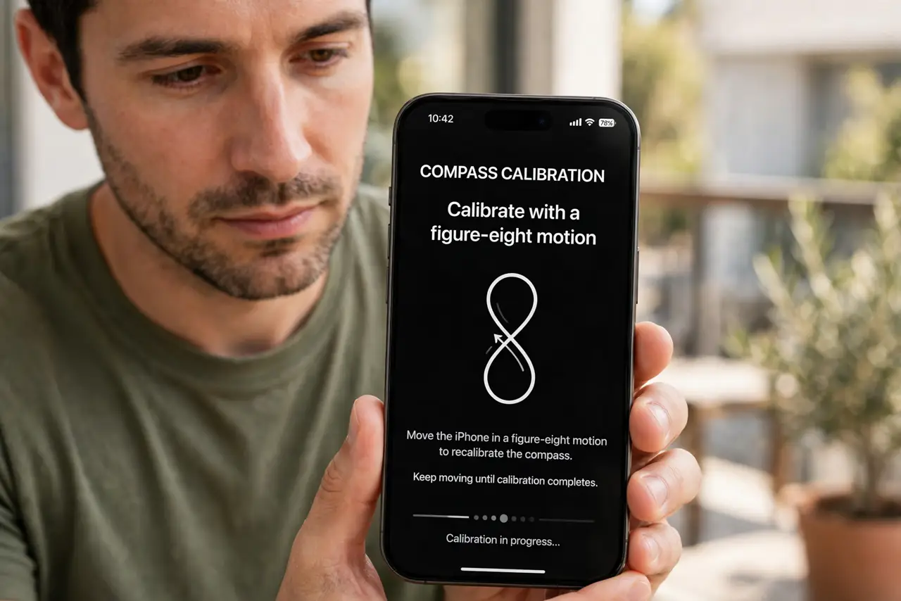 Person performing step 1: Calibrate with a figure-eight motion. Open the Compass app and wave the phone in a figure-eight motion when prompted. This recalibrates...