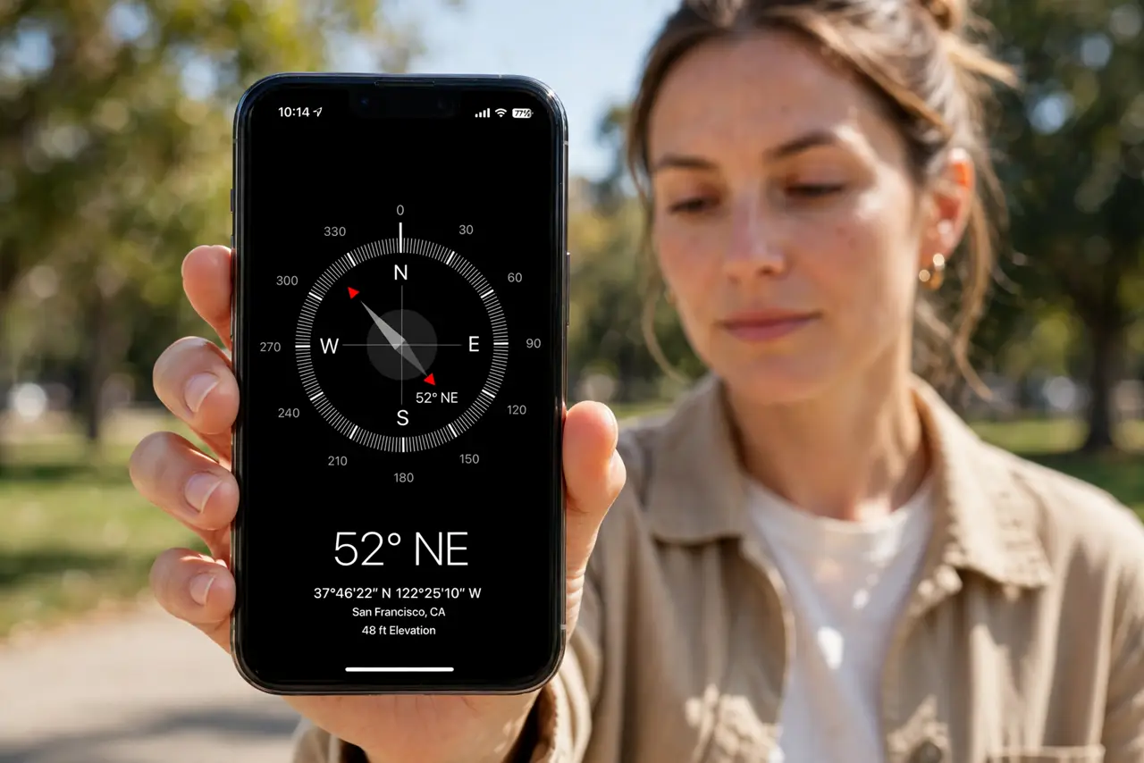 Photorealistic photo: A calm adult holding an iPhone toward the viewer, the real iPhone screen showing the Compass app with a heading and degrees legible.