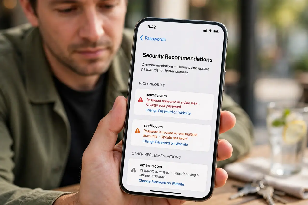 Step 1 in action for iPhone Flags a Password: Find the Security Recommendations list.