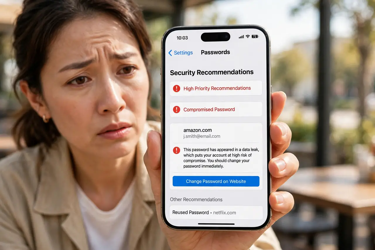 iPhone Flags a Password — a concerned adult holding a real iPhone showing the compromised password alert in Settings, the alert text ful