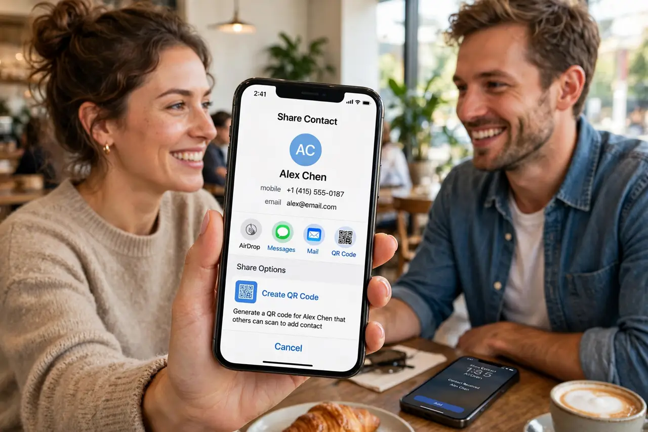 a person holding a real iPhone showing a contact card share sheet with a QR code option visible, another phone nearby receiving it, both people smiling, bright cafe. No black scree.