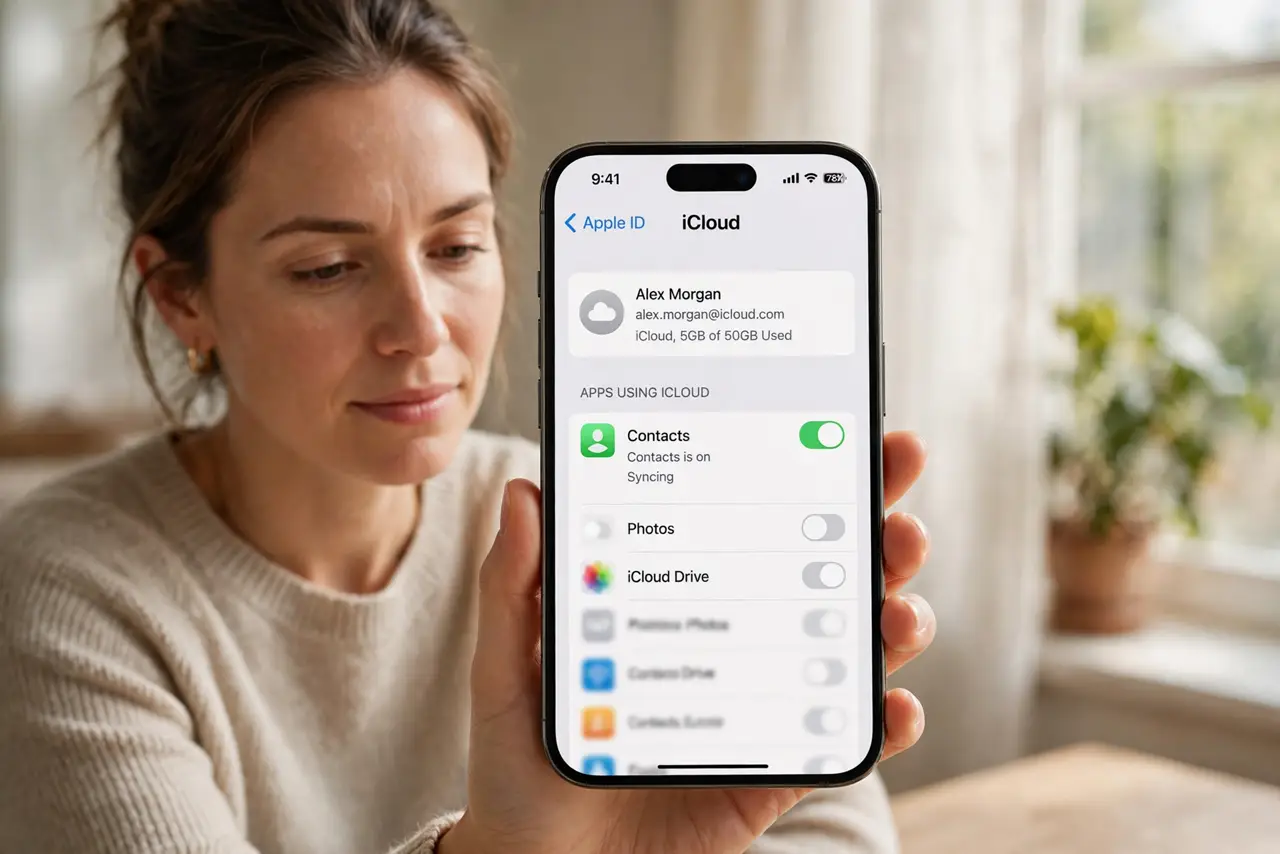 Person performing step 1: Confirm iCloud Contacts is on. Open Settings, then your name, then iCloud, and make sure Contacts is on. If sync paused, photos and...