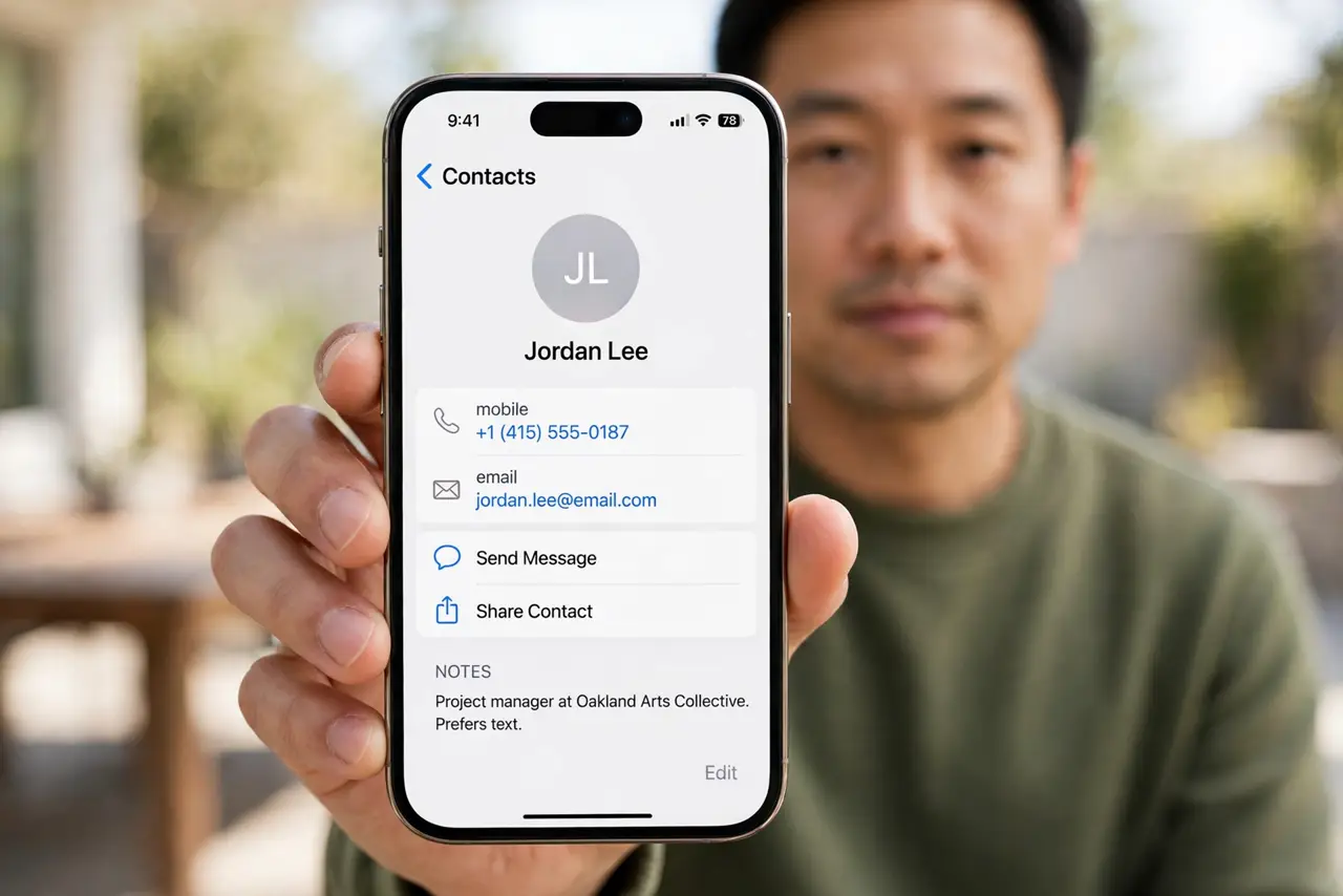 Photorealistic photo: A calm adult holding an iPhone toward the viewer, the real iPhone screen showing the Contacts app with a contact and photo placeholder legible.