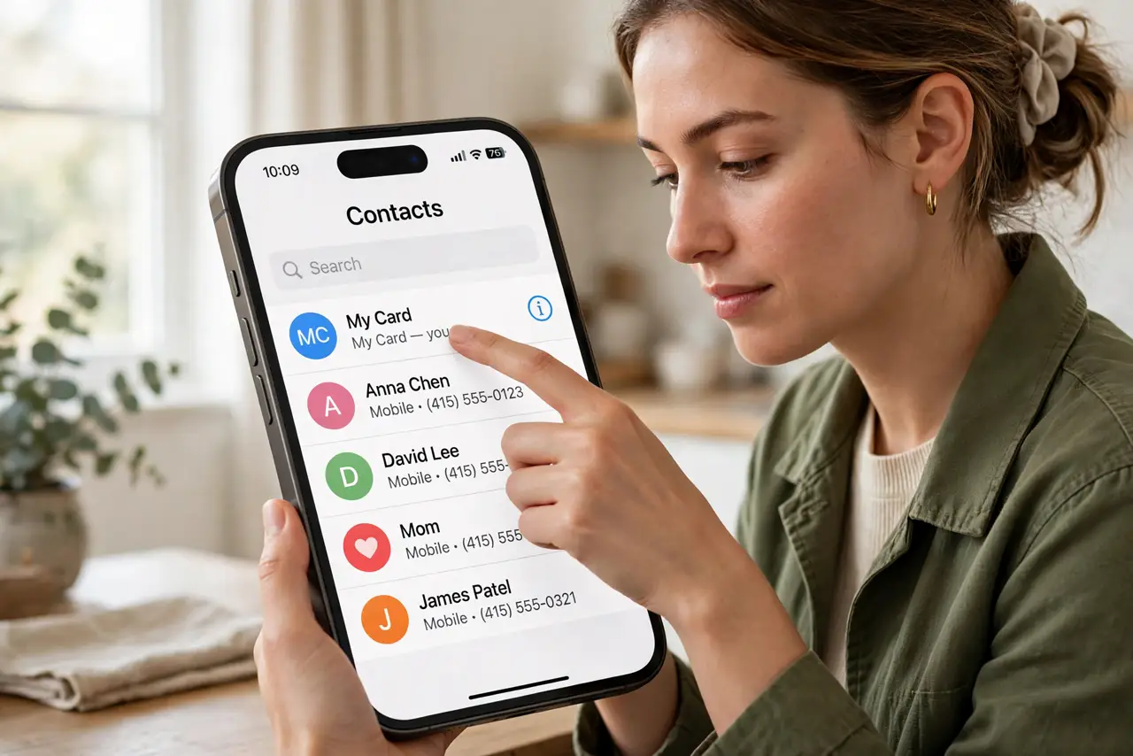 Photoreal photo of a person performing the first step: Open your own contact card. In the Phone app, tap Contacts, then tap your card at the very t...