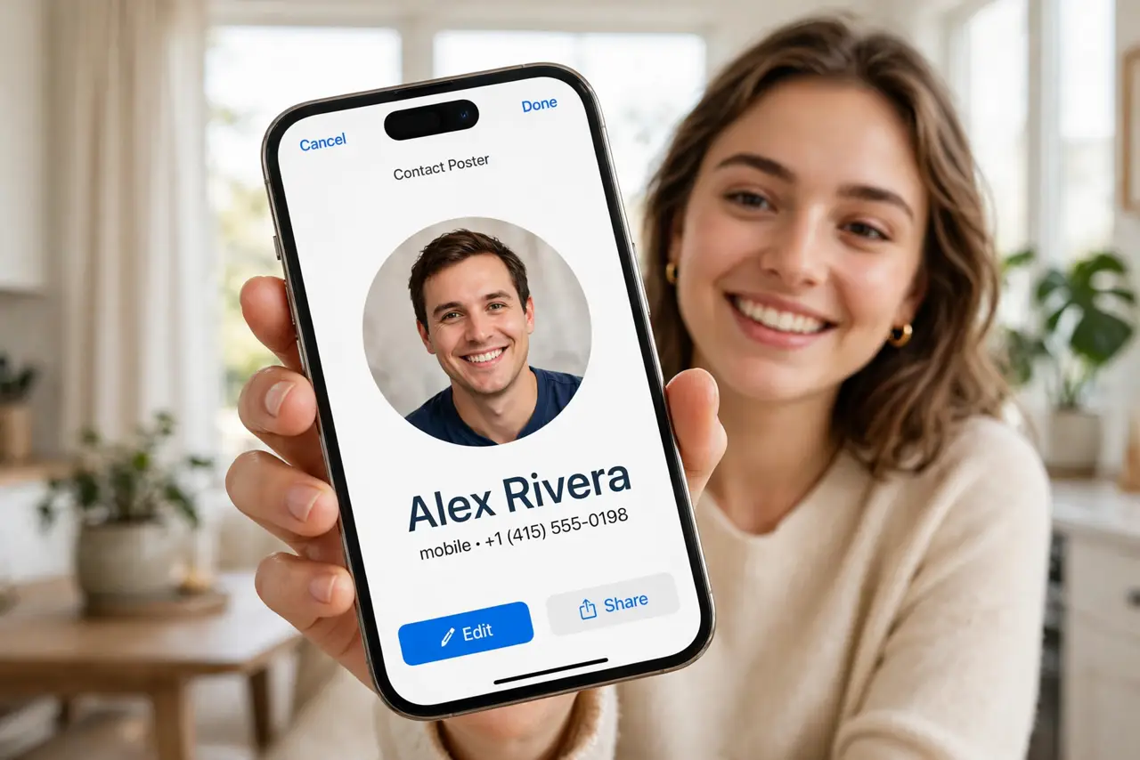 Photoreal photo: a person holding a real iPhone showing a legible full-screen contact poster with a photo and large name text, the person's face delighted, bright room. No black screen, no blank white screen, no fa...