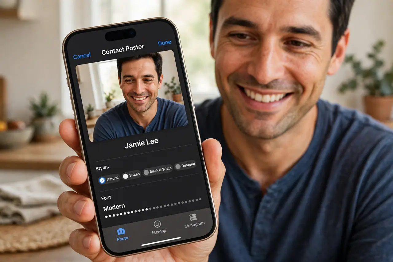 Contact Posters Not Showing on Calls — a calm adult holding a real iPhone showing the Contact Poster editing screen with a photo and name style in fu