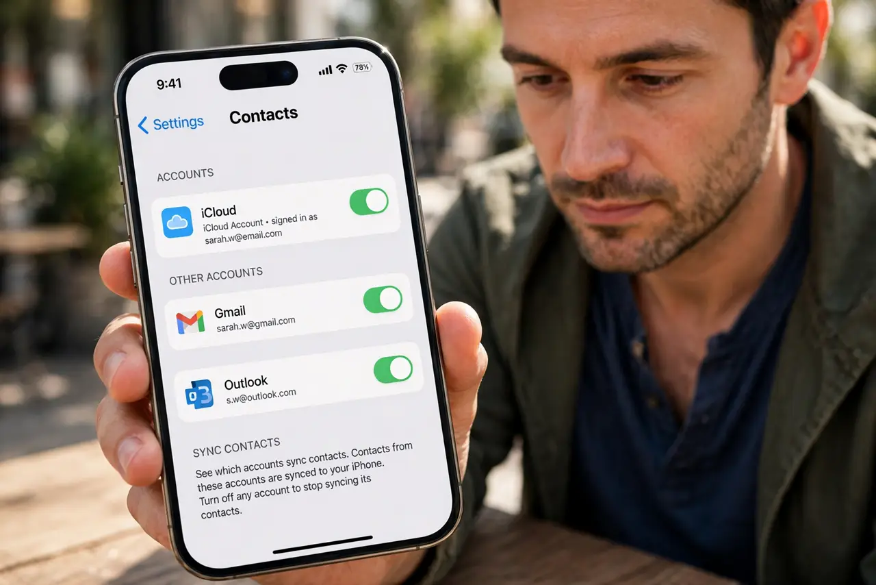 Person performing step 1: See which accounts sync contacts. Open Settings, then Apps, then Contacts, then Accounts, and note every account with Contacts turned...