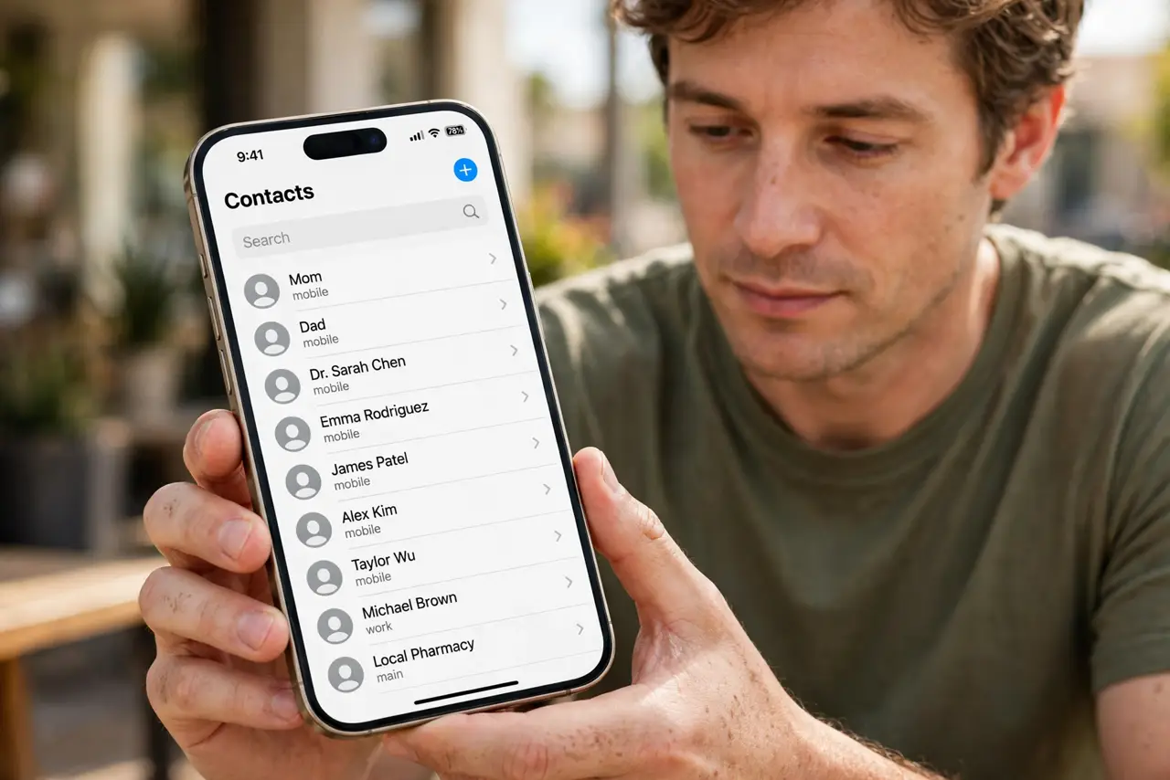 Photorealistic photo: A calm adult holding a real iPhone, the real Contacts list visible complete and legible with contact names shown, the person checking contacts calmly.