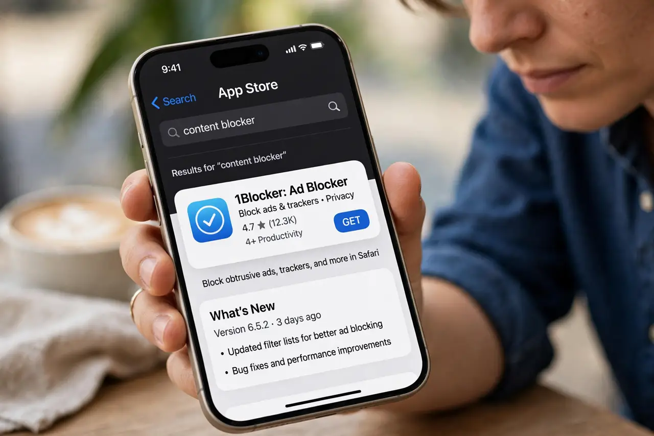 A person carrying out step one: install a blocker from the app store.
