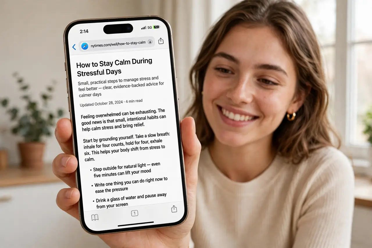 A person holding a real iPhone showing Safari on a clean article page with legible text and no ads, the person's face relieved, bright room.