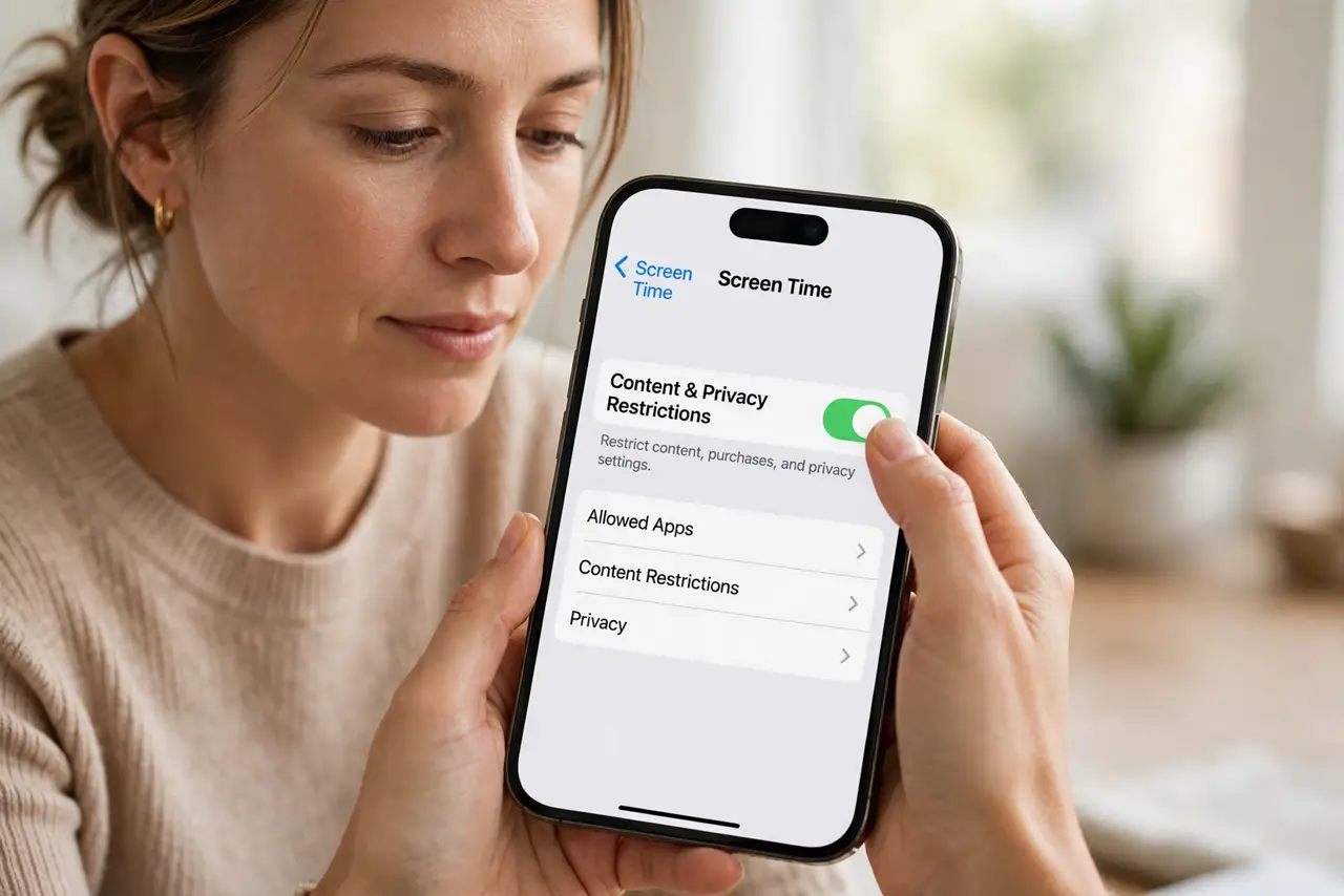 A person performing step 1: Open Content and Privacy Restrictions. On the child's iPhone, go to Settings, Screen Time, then Content and Pr.